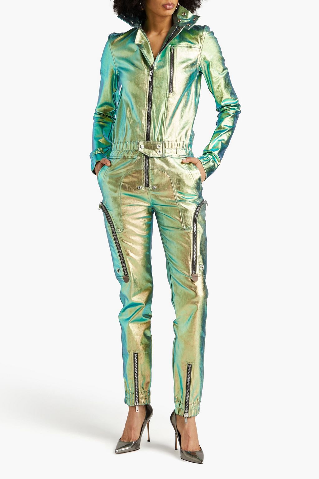 RICK OWENS Iridescent-effect coated denim jumpsuit