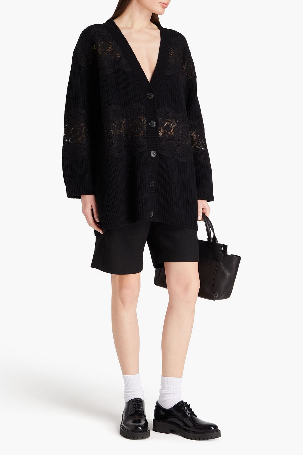 VALENTINO GARAVANI Lace-trimmed ribbed wool cardigan