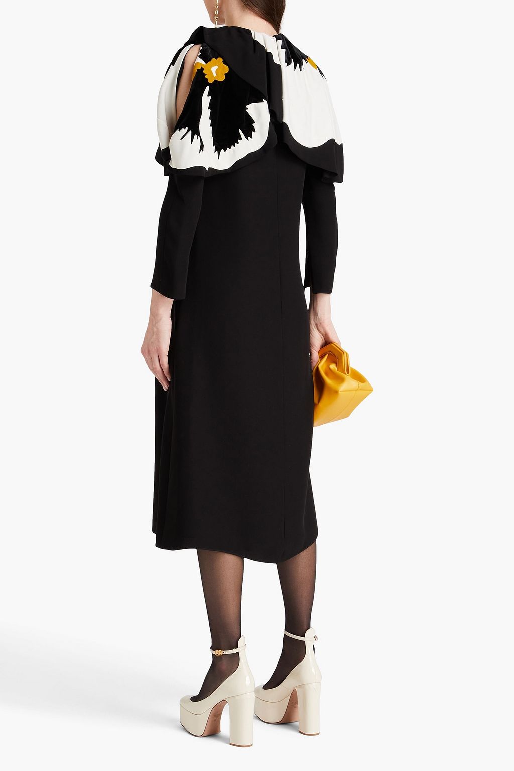 VALENTINO GARAVANI Cape-effect silk-crepe paneled velvet midi dress