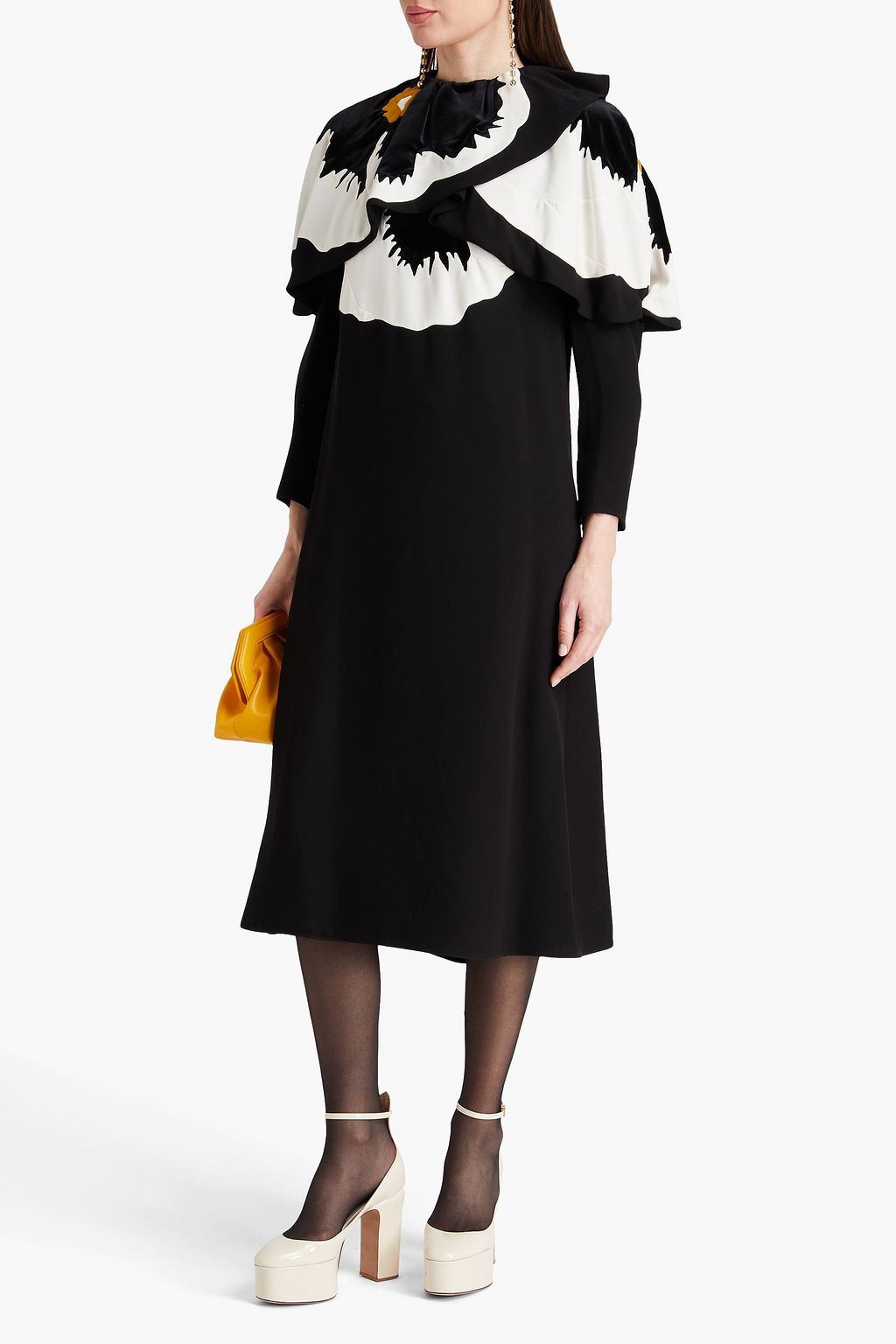 VALENTINO GARAVANI Cape-effect silk-crepe paneled velvet midi dress