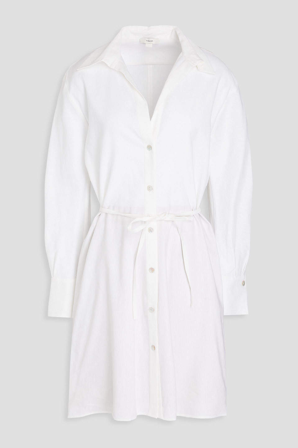 Vince Belted Linen-blend Mini Shirt Dress In Weiss