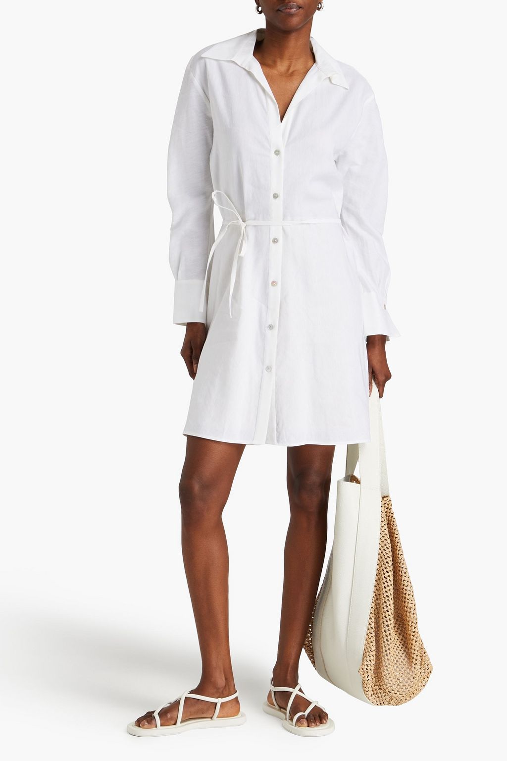 VINCE. Belted linen-blend mini shirt dress