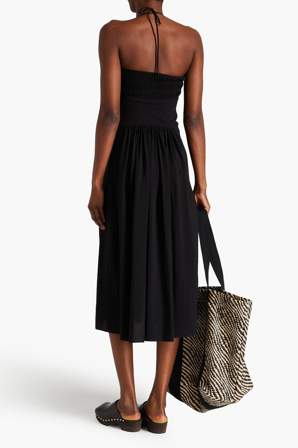 Shop Vince Shirred Woven Halterneck Midi Dress In Black