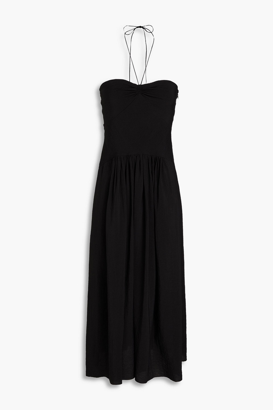 Shop Vince Shirred Woven Halterneck Midi Dress In Black