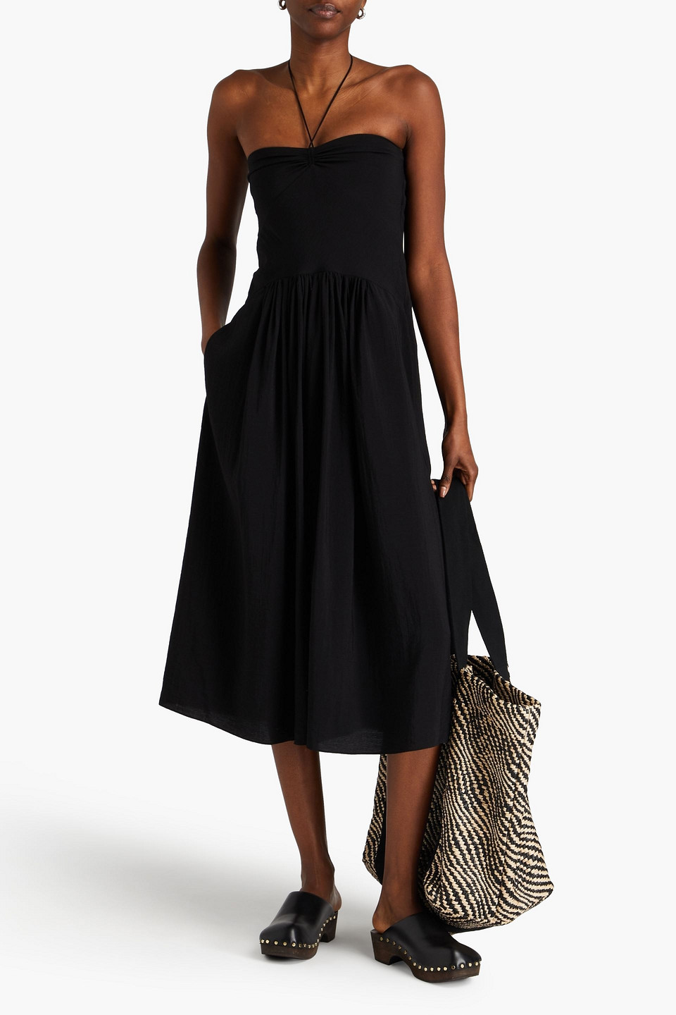 Shop Vince Shirred Woven Halterneck Midi Dress In Black