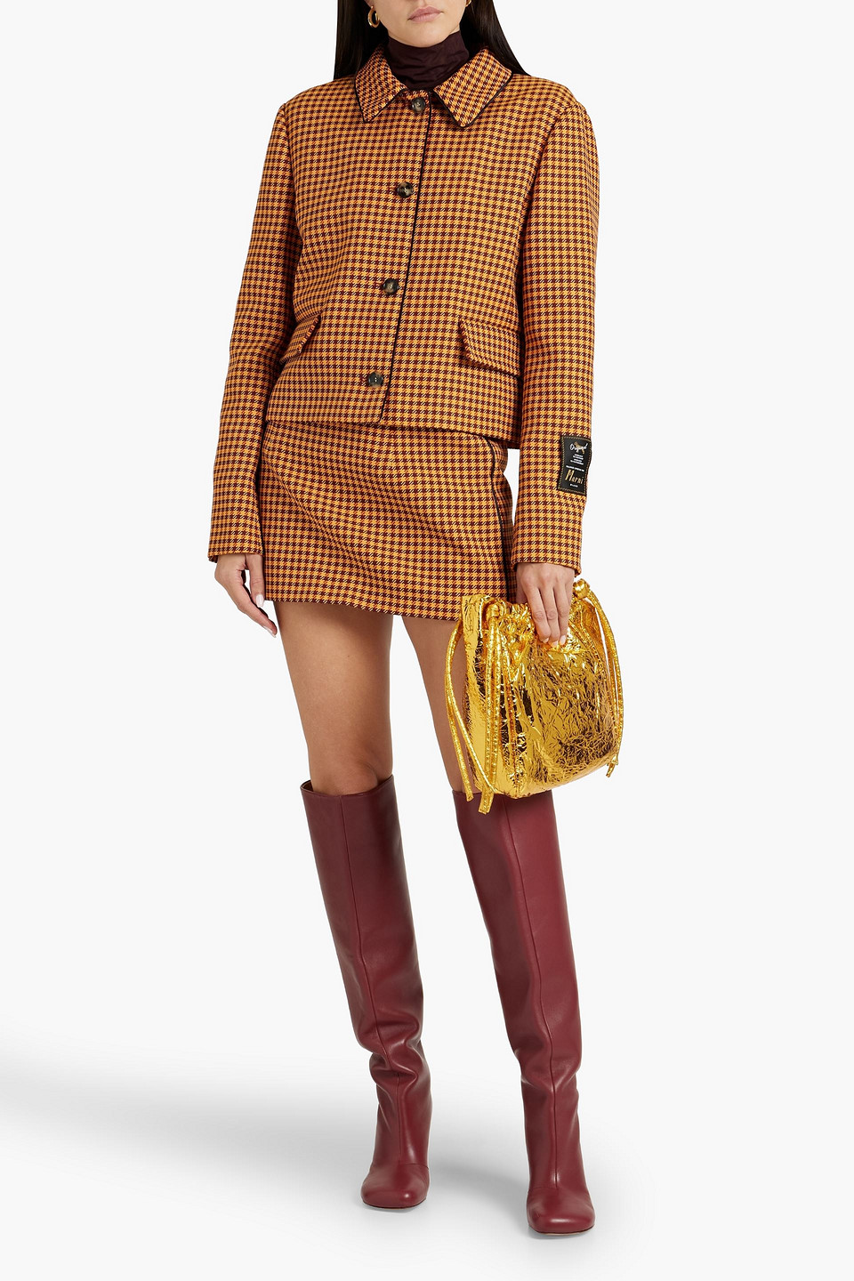 Shop Marni Houndstooth Tweed Mini Skirt In Camel