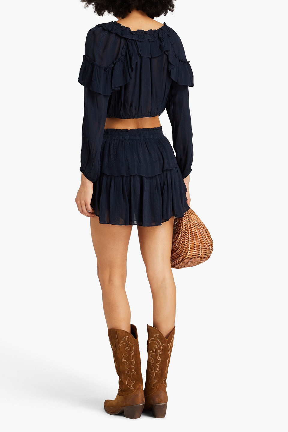 Loveshackfancy Cropped Ruffled Leopard-jacquard Top In Midnight Blue