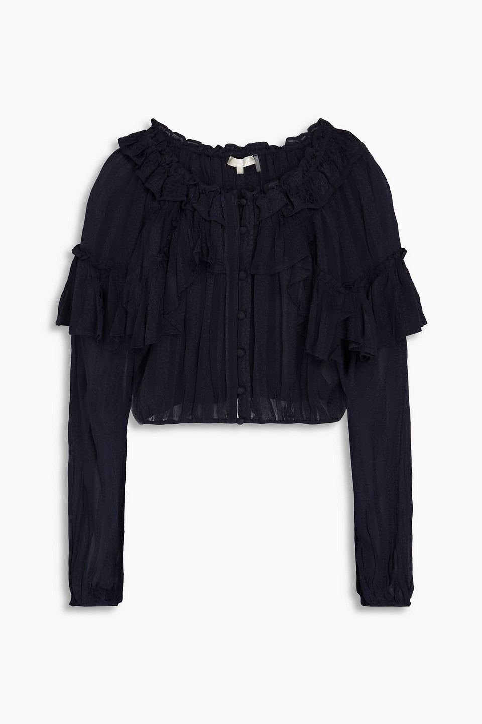 Loveshackfancy Cropped Ruffled Leopard-jacquard Top In Midnight Blue