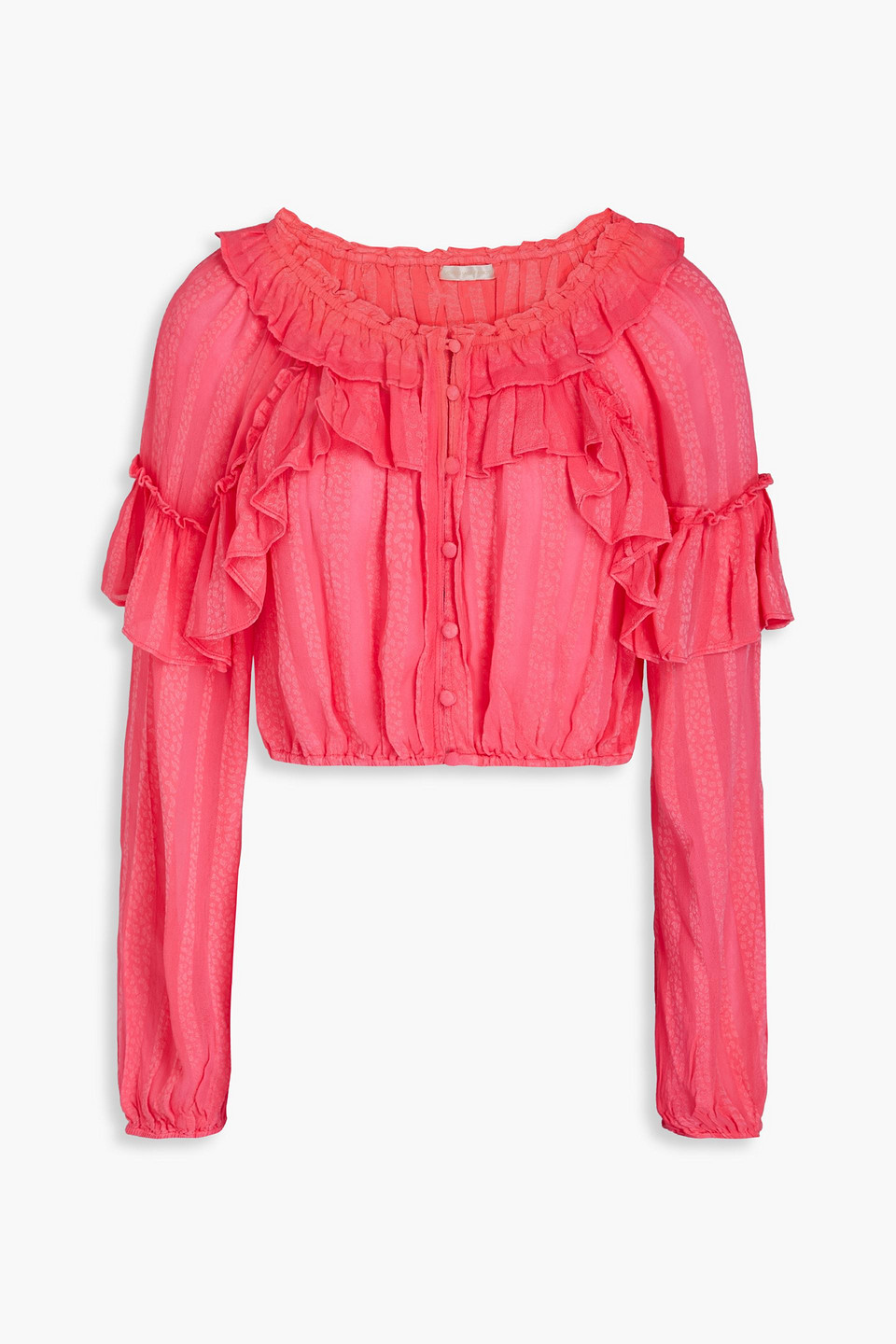 Loveshackfancy Cropped Ruffled Leopard-jacquard Top In Bright Pink