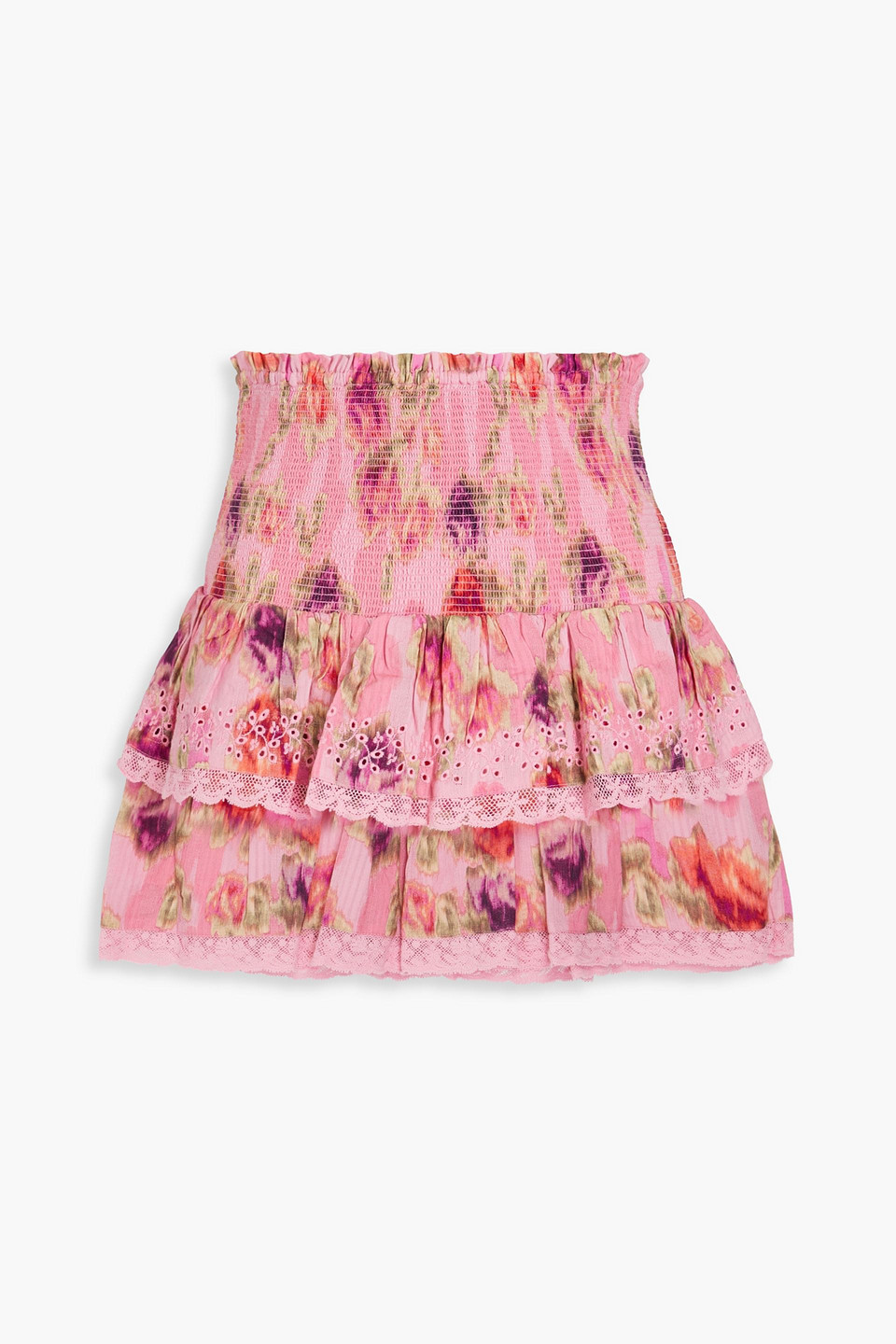 Loveshackfancy Walker Tiered Floral-print Cotton-jacquard Mini Skirt In Pink