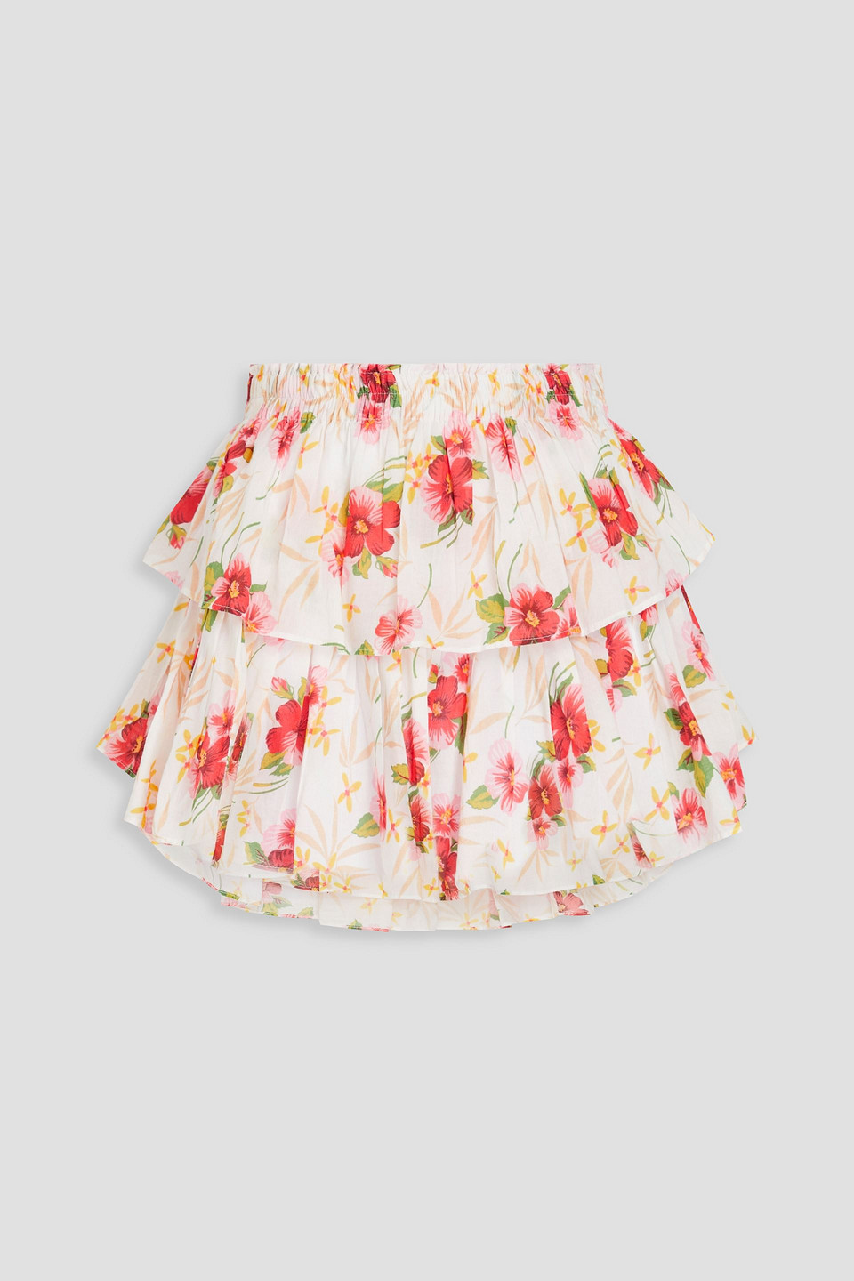 Loveshackfancy Tiered Floral-print Cotton Mini Skirt In White