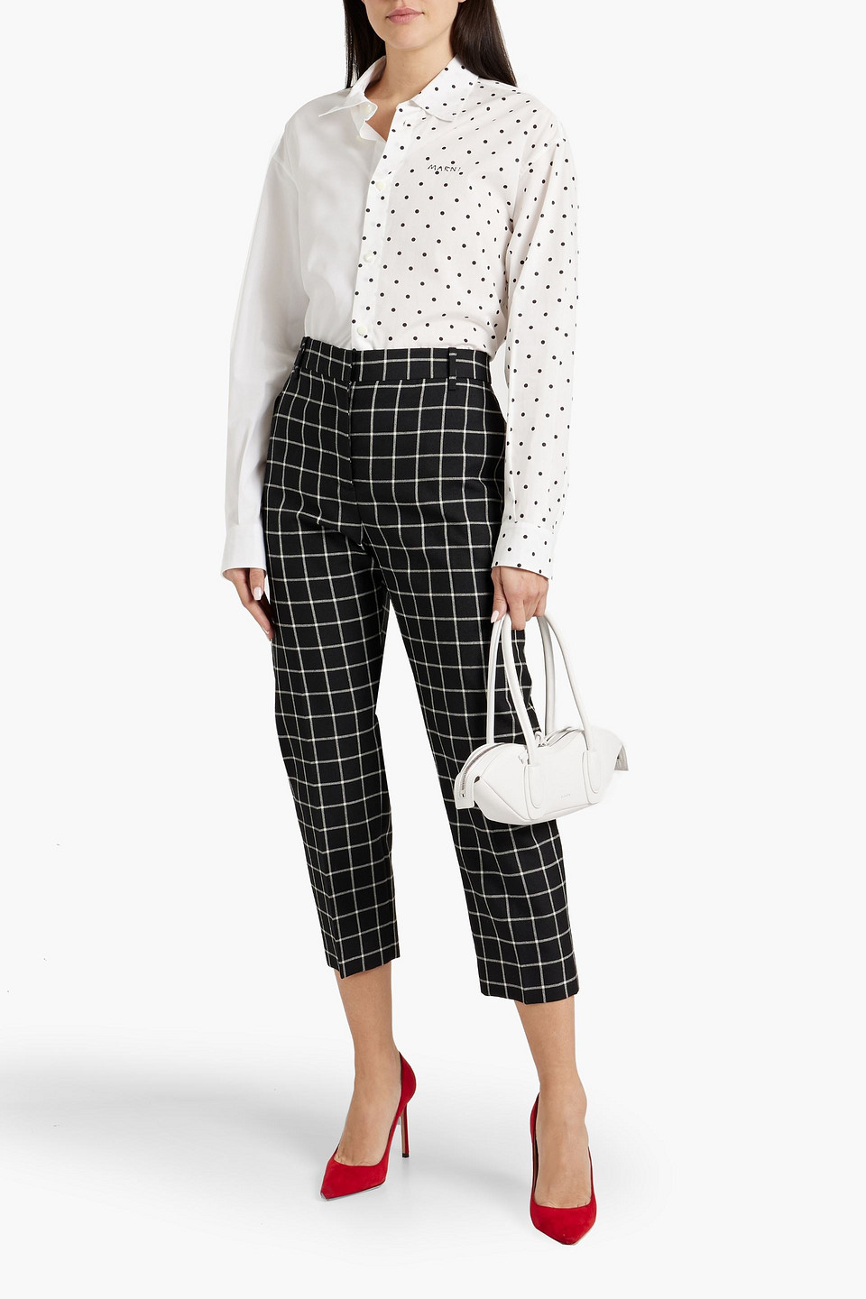 Shop Marni Cropped Checked Wool-jacquard Tapered Pants In Black