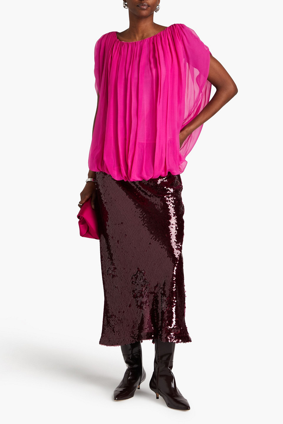 Rick Owens Gathered Silk-chiffon Top In Fuchsia