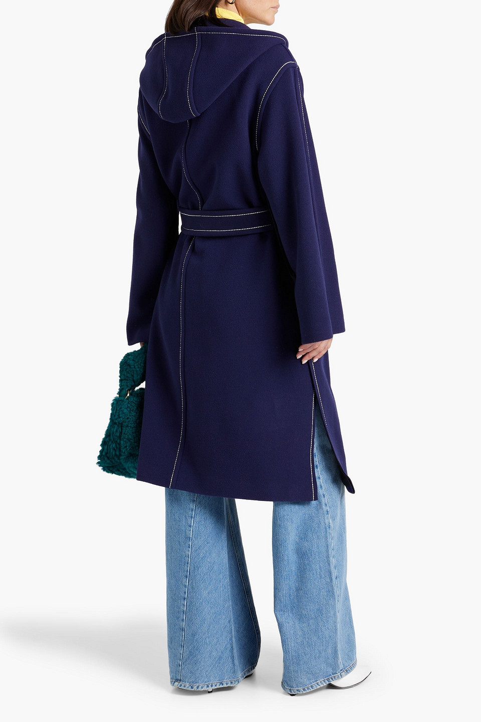 Shop Marni Topstitched Wool-blend Felt Hooded Coat In Navy