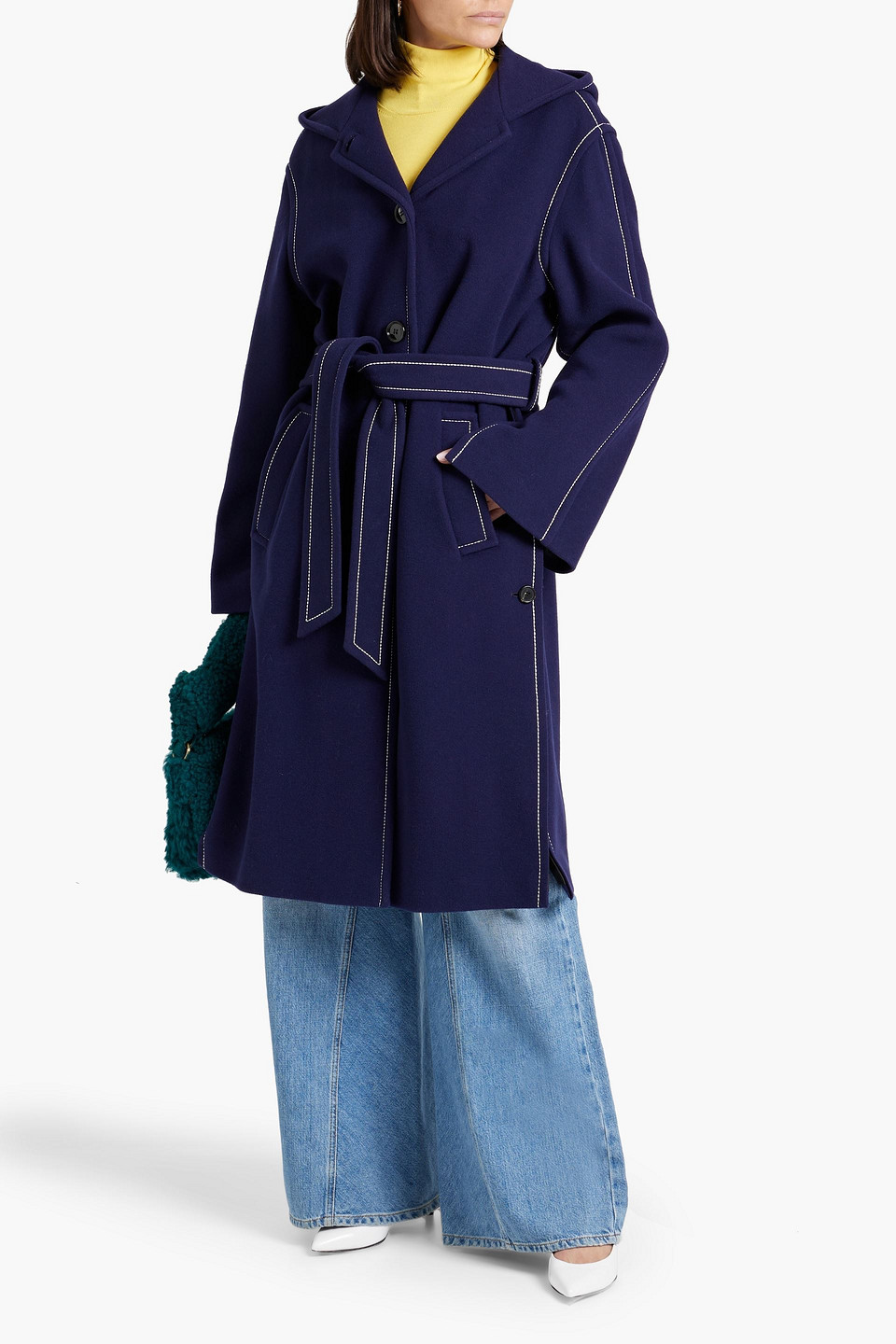 Shop Marni Topstitched Wool-blend Felt Hooded Coat In Navy