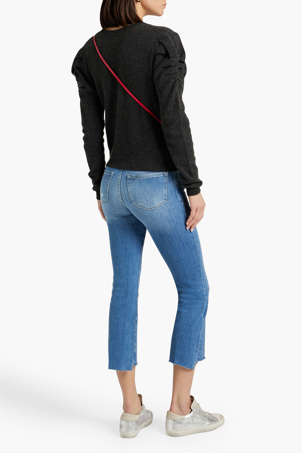 Shop Frame Le Crop Mini Boot Distressed Mid-rise Bootcut Jeans In Mid Denim