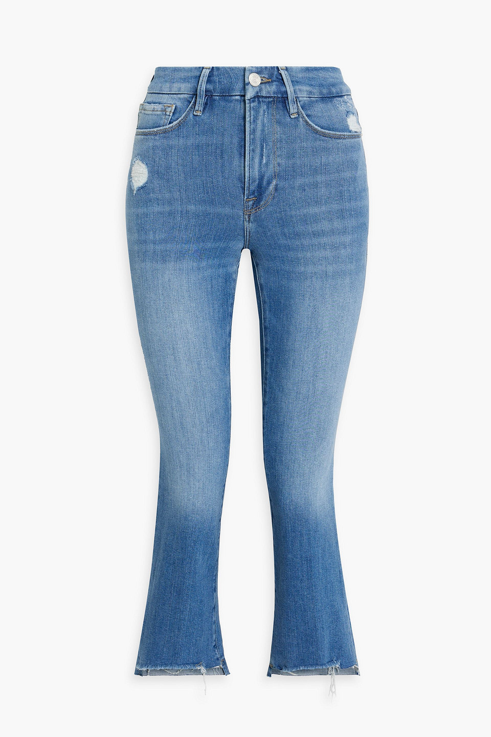 Frame Le Crop Mini Boot Distressed Mid-rise Bootcut Jeans In Mid Denim