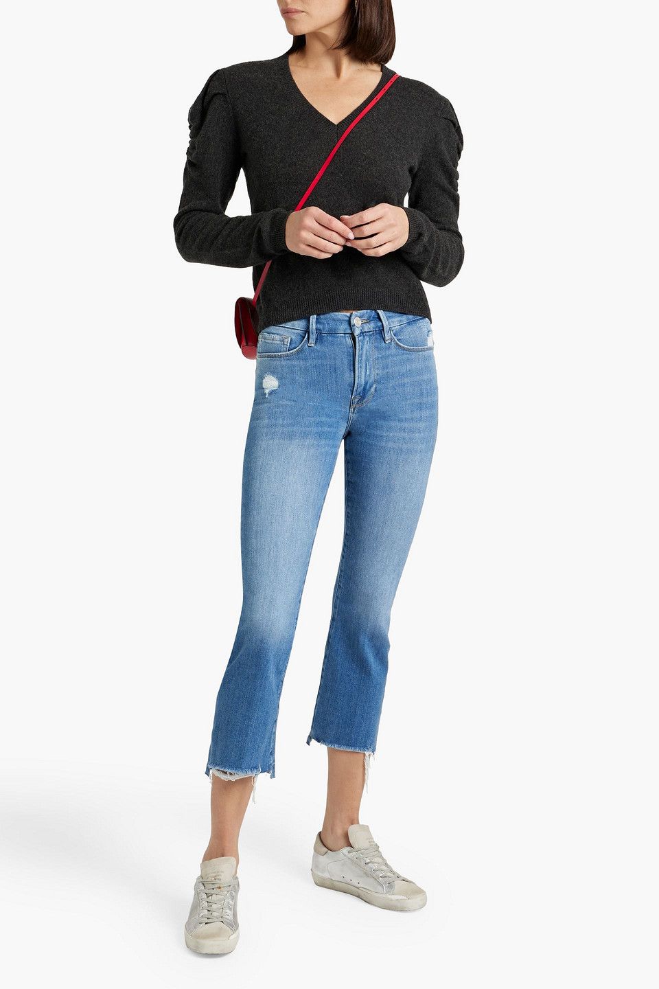 Shop Frame Le Crop Mini Boot Distressed Mid-rise Bootcut Jeans In Mid Denim