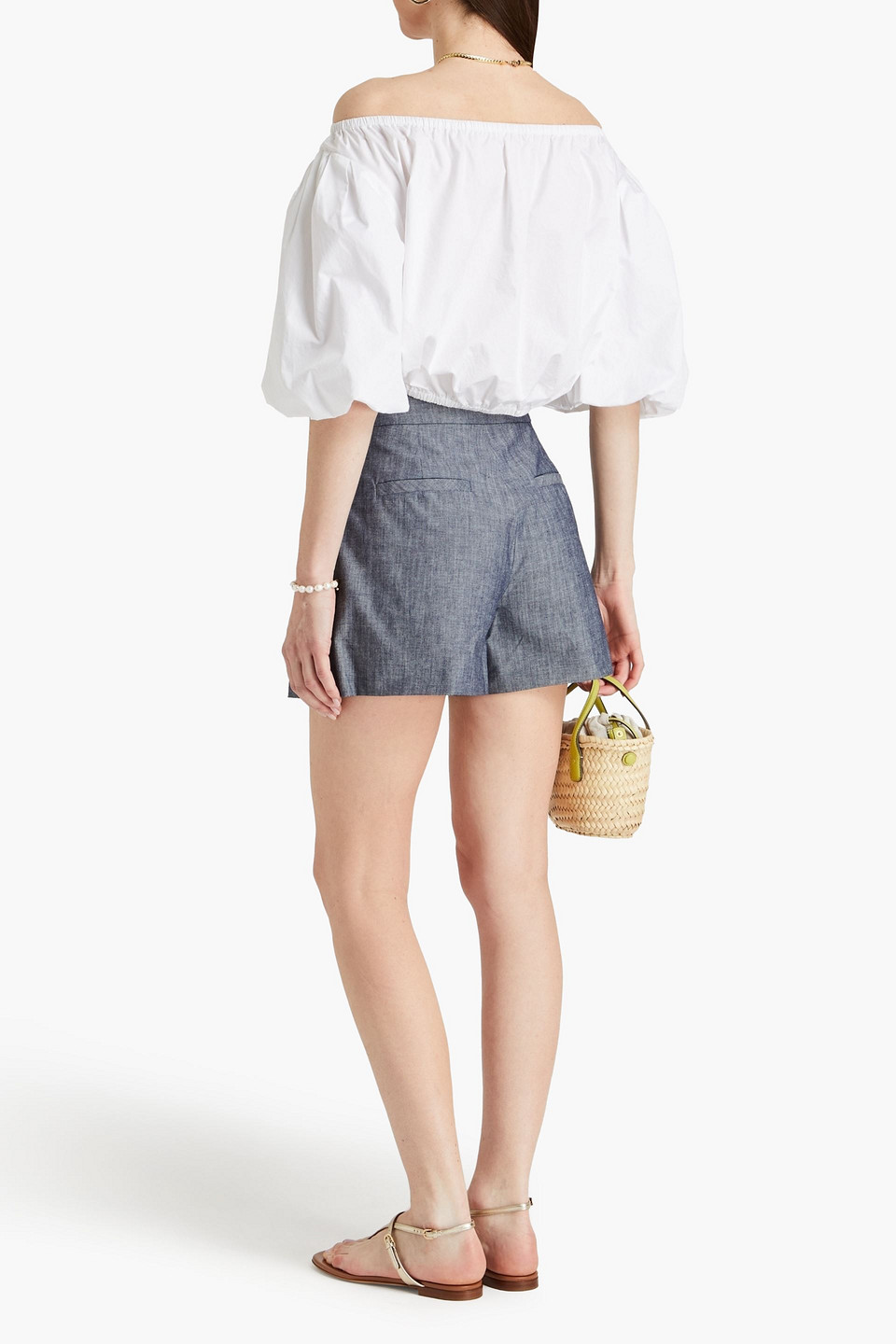 Shop Oscar De La Renta Pleated Cotton-chambray Shorts In Navy