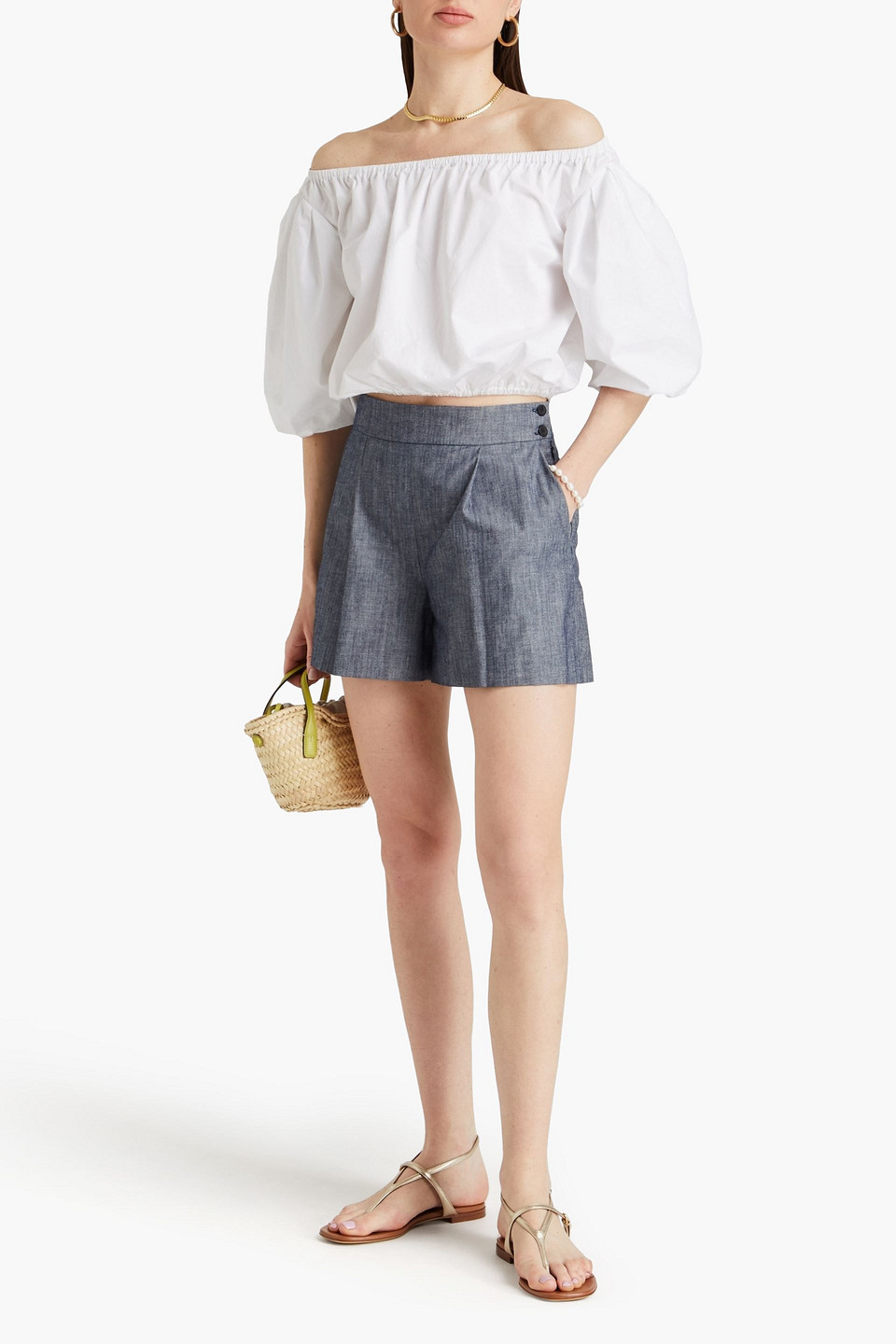 Shop Oscar De La Renta Pleated Cotton-chambray Shorts In Navy