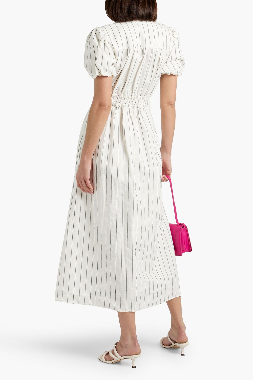 DEREK LAM 10 CROSBY فستان متوسط الطول ’’مايا’’ مصنوع من الكتّان ومزيج من القطن بقصّة ملفوفة وبتصميم مخطط