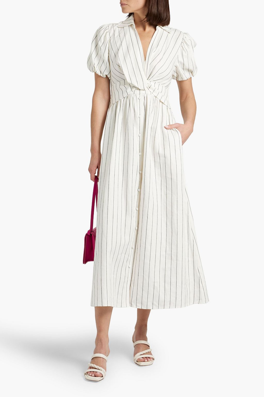 DEREK LAM 10 CROSBY فستان متوسط الطول ’’مايا’’ مصنوع من الكتّان ومزيج من القطن بقصّة ملفوفة وبتصميم مخطط