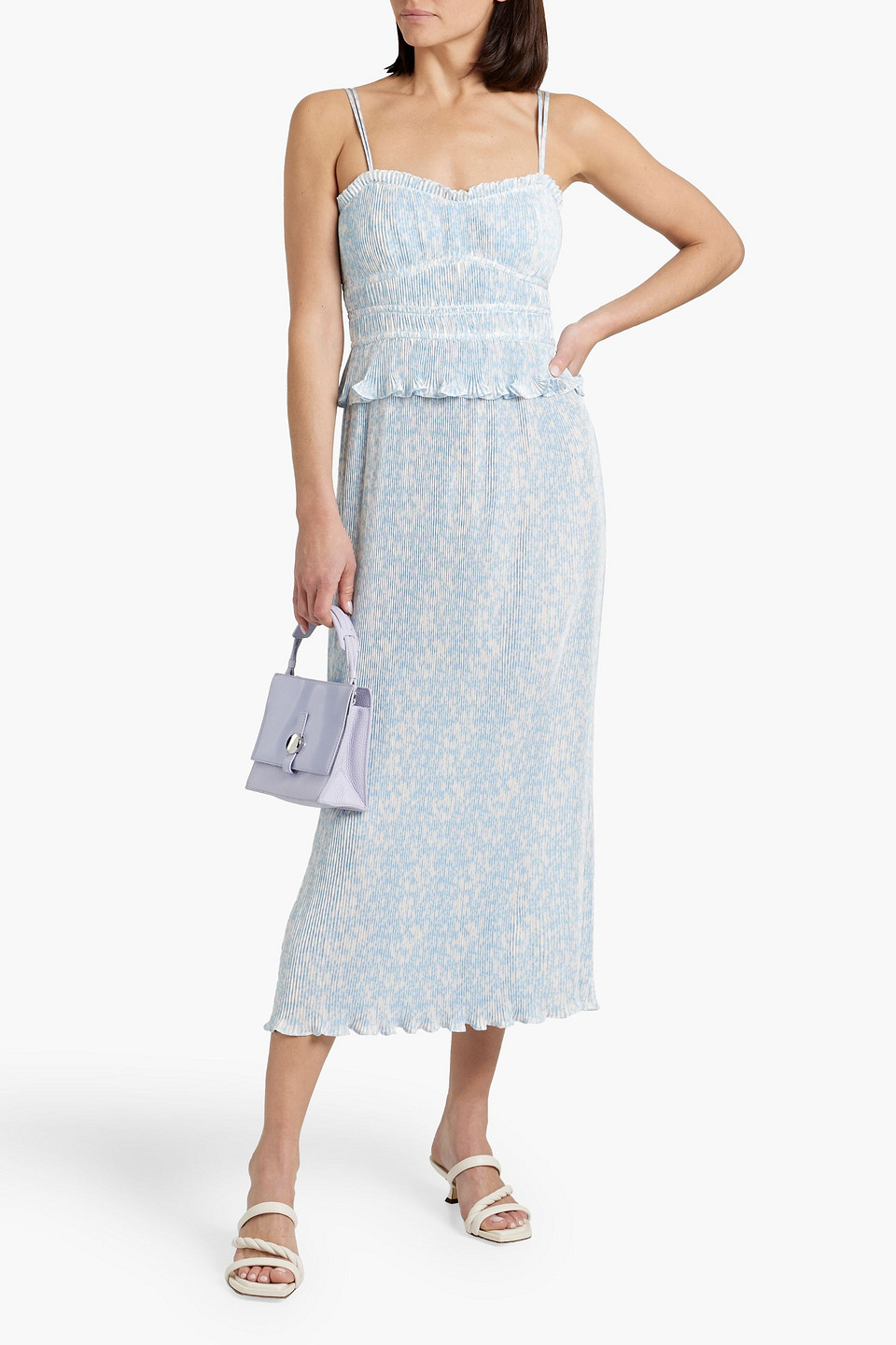 Shop Derek Lam 10 Crosby Brisha Printed Plissé-satin Midi Dress In Sky Blue