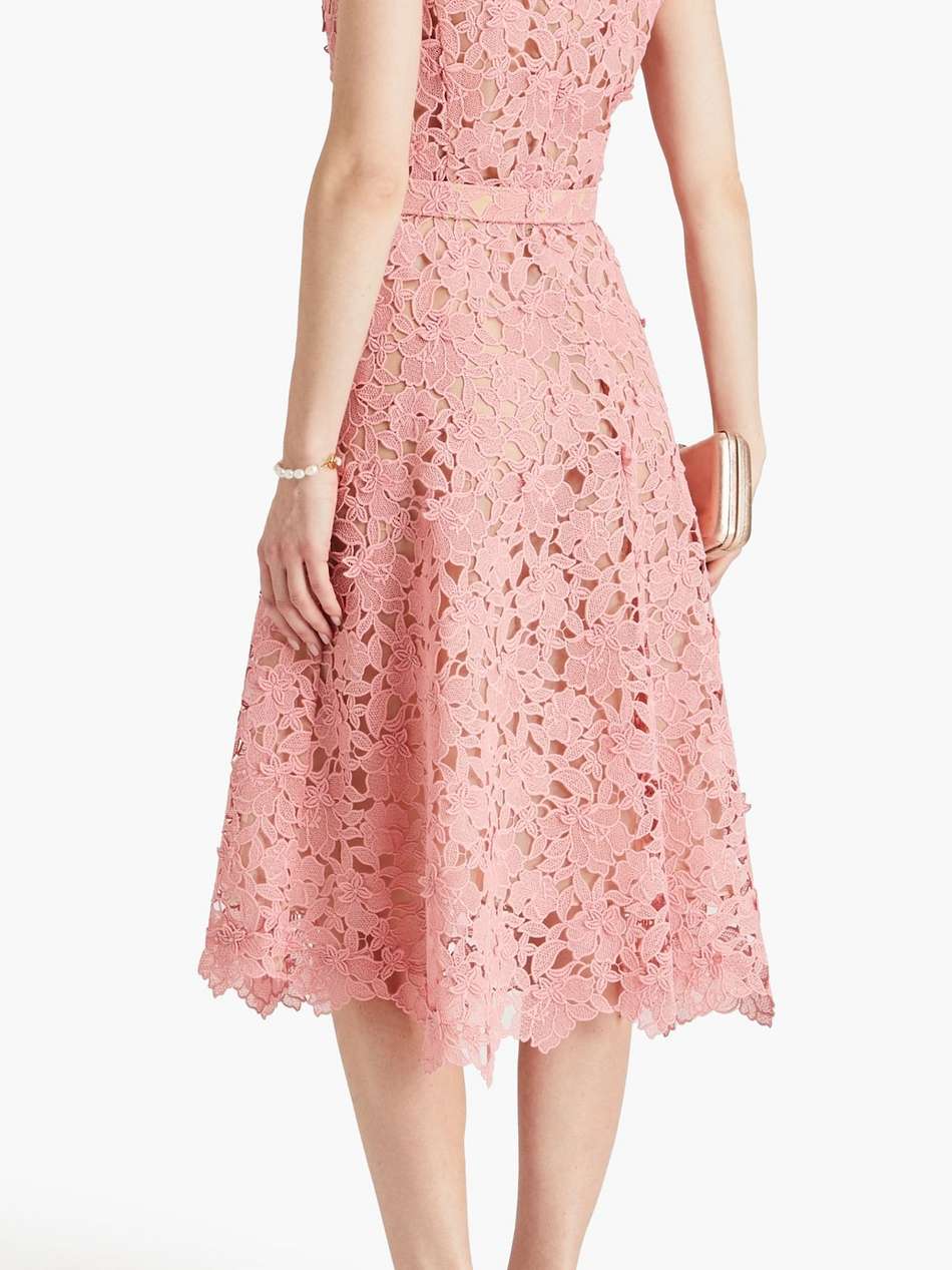 belted cotton-blend guipure lace midi dress