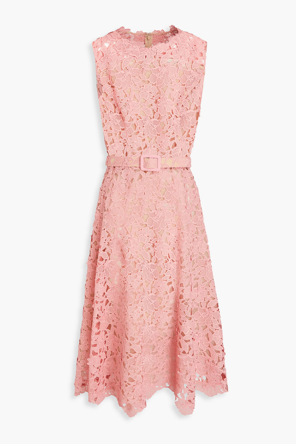 Shop Oscar De La Renta Belted Cotton-blend Guipure Lace Midi Dress In Baby Pink