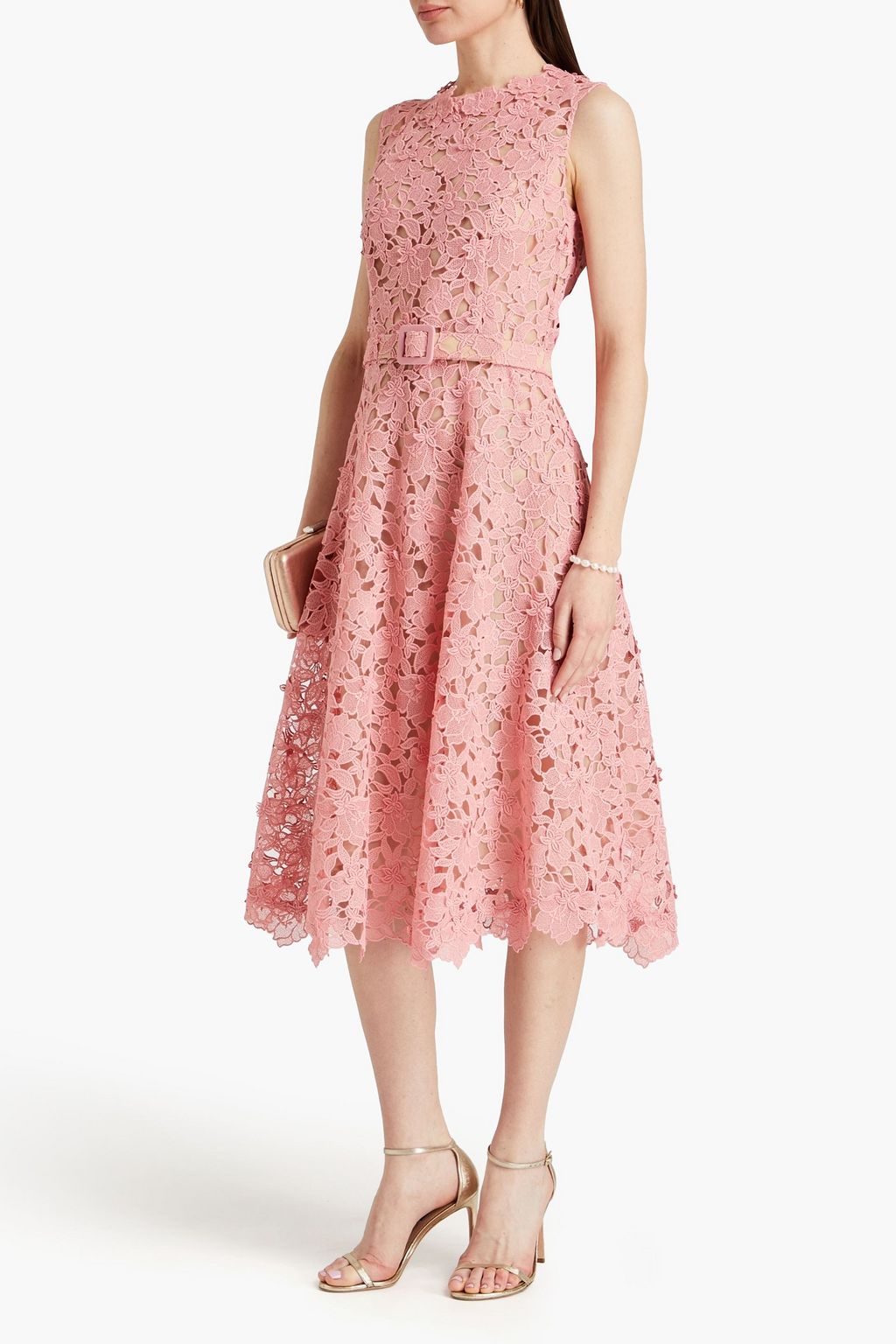OSCAR DE LA RENTA 코튼 혼방 기퓌르 레이스 벨티드 미디 드레스