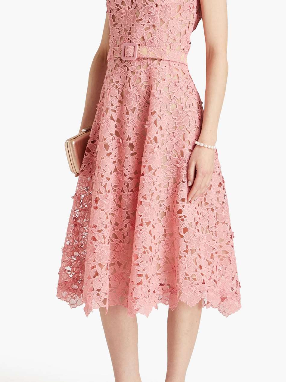 belted cotton-blend guipure lace midi dress