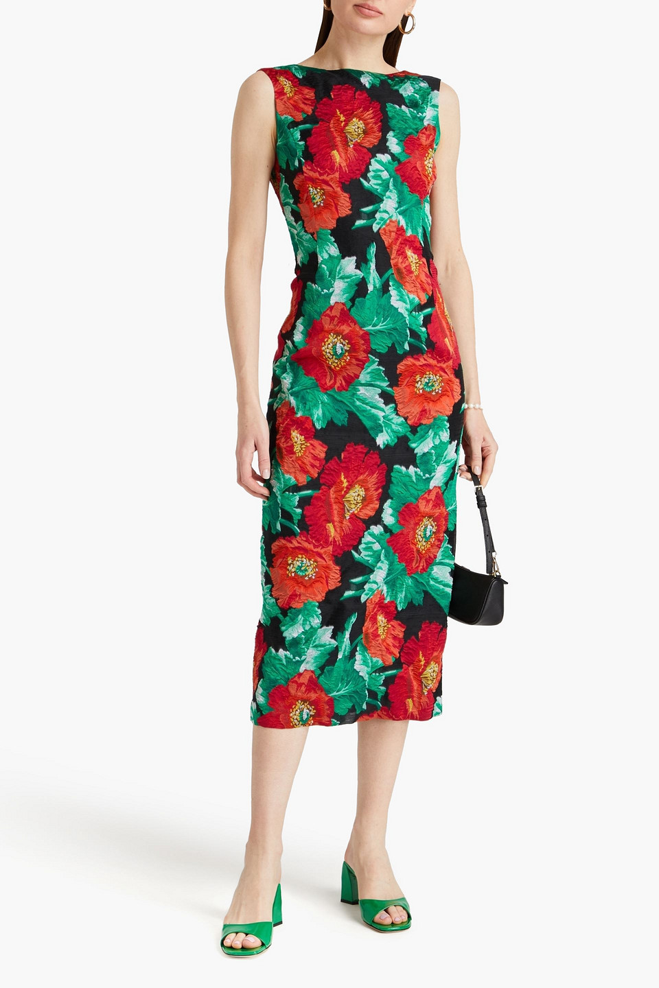 Shop Oscar De La Renta Floral Cloqué-jacquard Midi Dress In Green