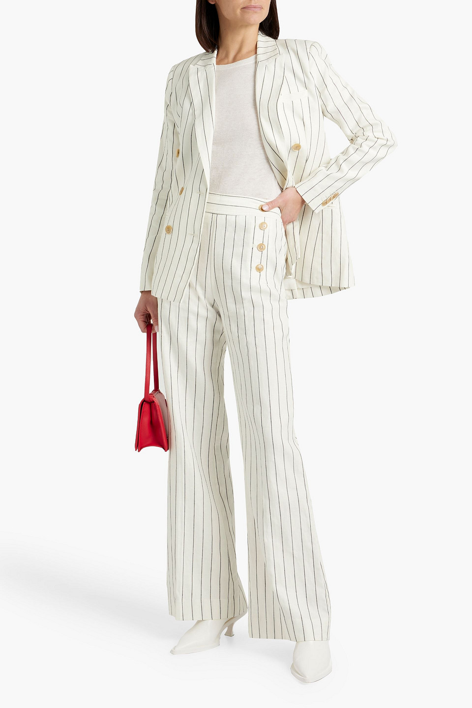 DEREK LAM 10 CROSBY WALTER DOUBLE-BREASTED PINSTRIPED LINEN AND COTTON-BLEND BLAZER