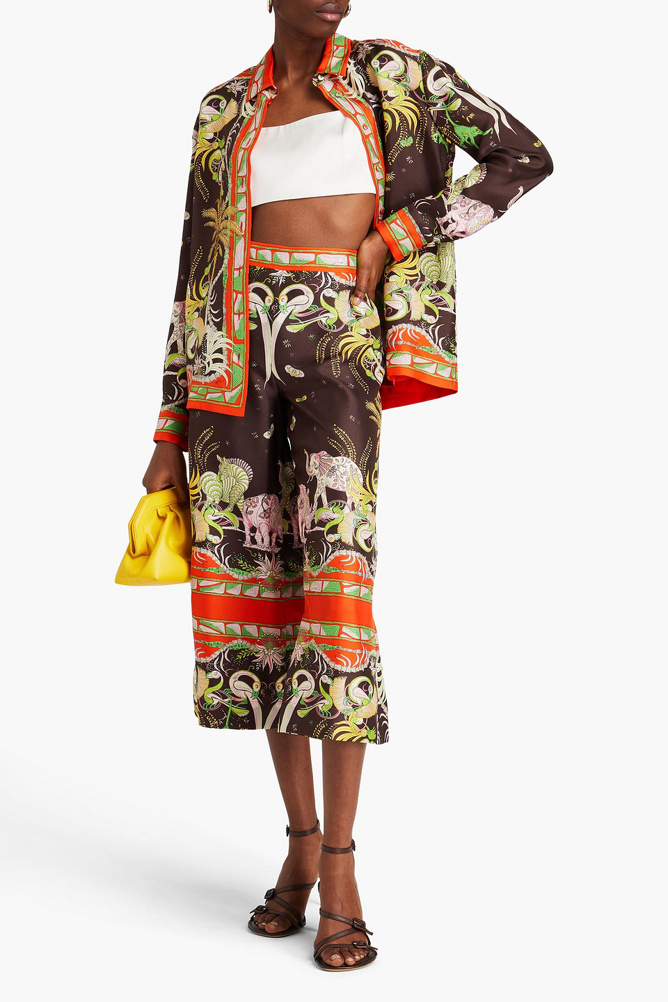 Shop Pucci Cropped Printed Silk-twill Wide-leg Pants In Dark Brown