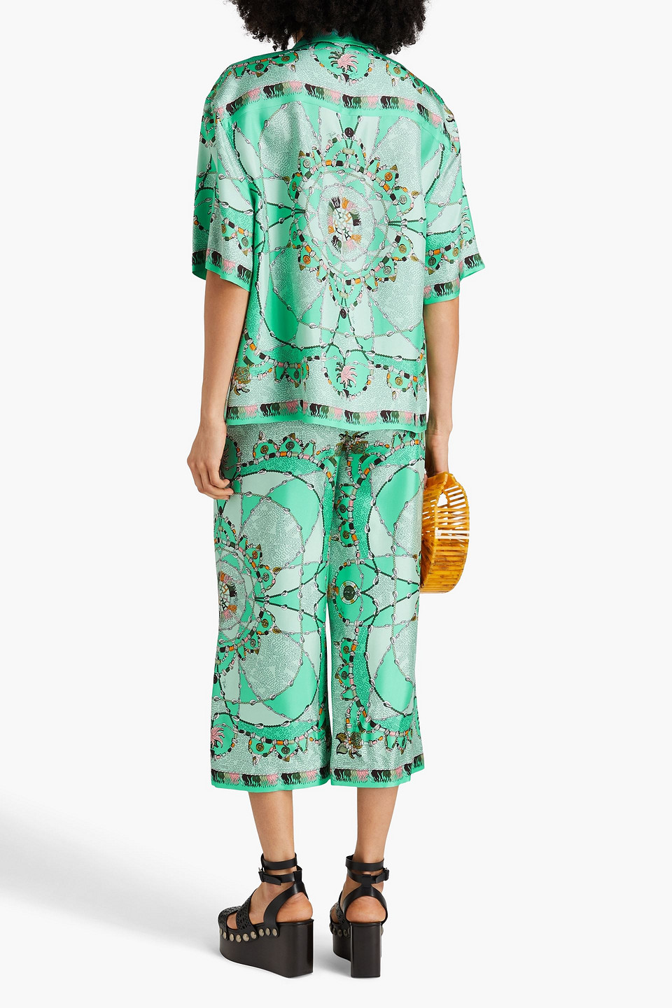 Shop Pucci Cropped Printed Silk-twill Wide-leg Pants In Mint