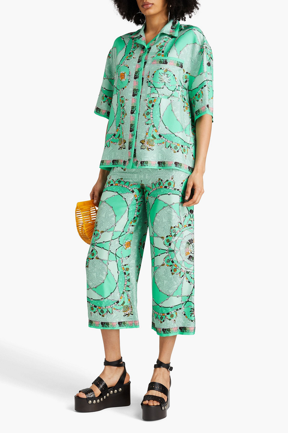 Shop Pucci Cropped Printed Silk-twill Wide-leg Pants In Mint