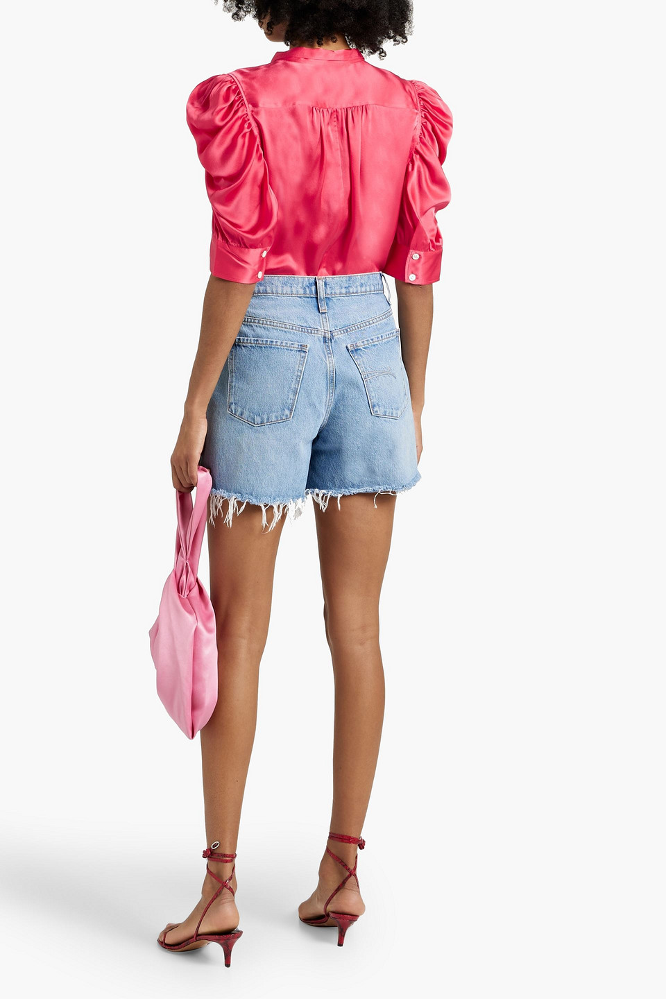 Shop Frame Gillian Ruched Silk-satin Top In Bubblegum