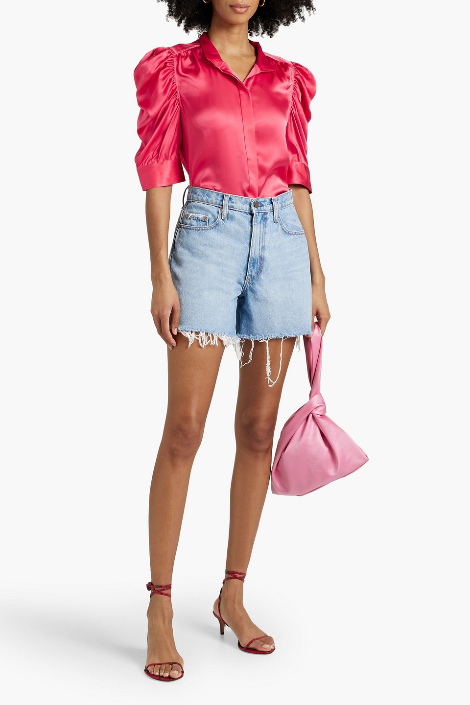 Shop Frame Gillian Ruched Silk-satin Top In Bubblegum