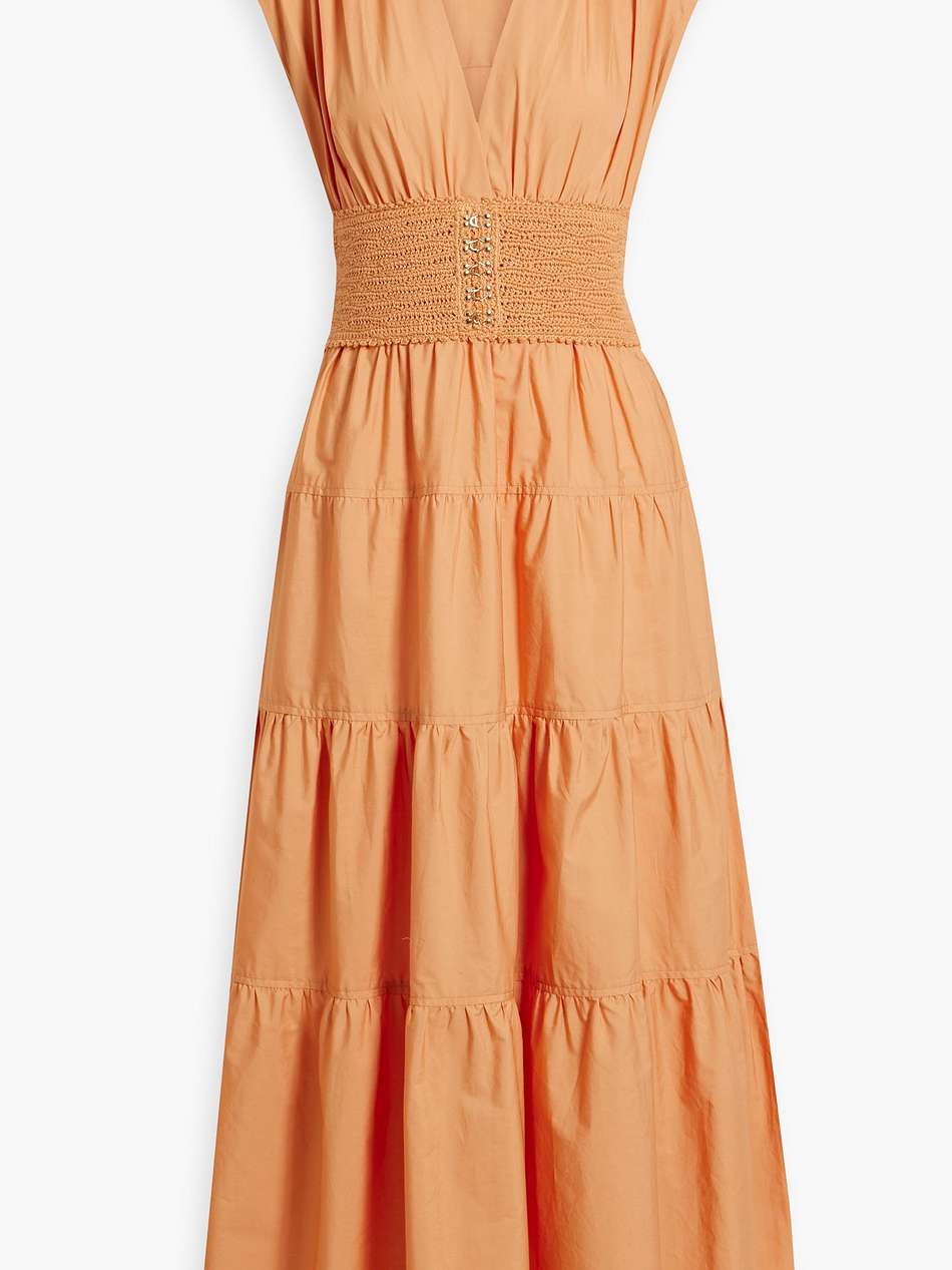 antara crochet-paneled tiered cotton-poplin midi dress