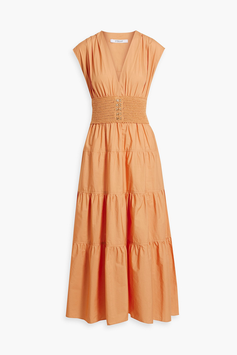 Derek Lam 10 Crosby Crochet-paneled Tiered Cotton-poplin Midi Dress In Pfirsichfarben