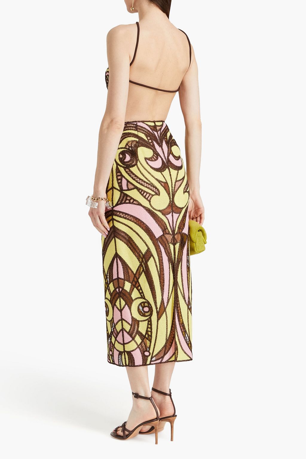 PUCCI فستان طويل مصنوع من قماش رقيق بتصميم مطرّز ومزين بطبعات