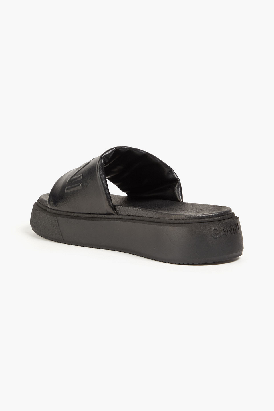 Ganni Logo-embossed Vegan Leather Platform Slides In Black