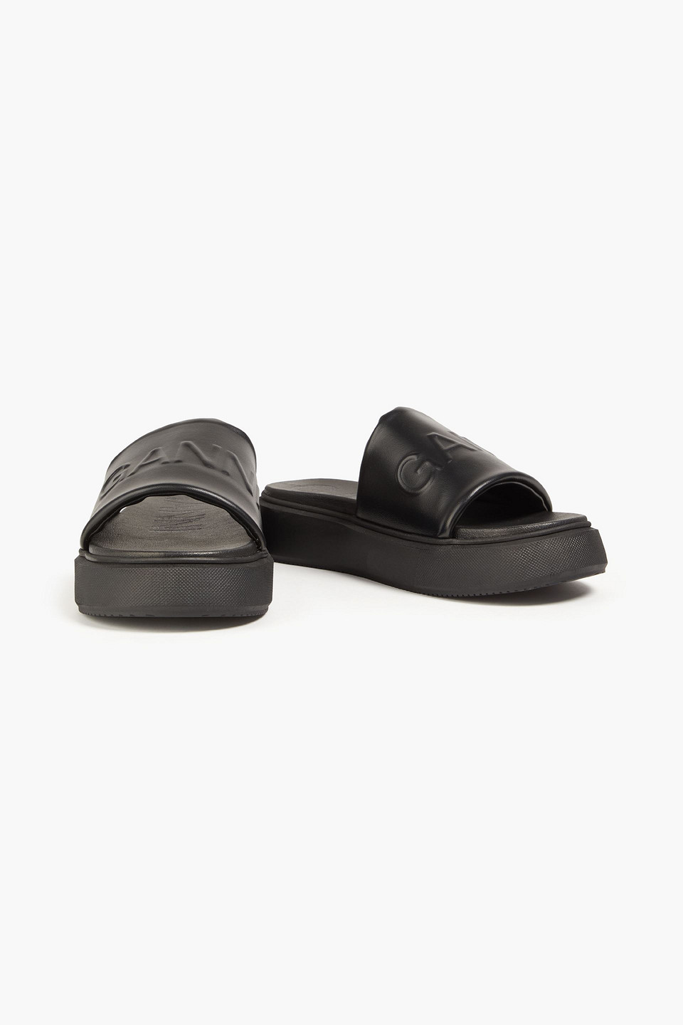 Ganni Logo-embossed Vegan Leather Platform Slides In Black