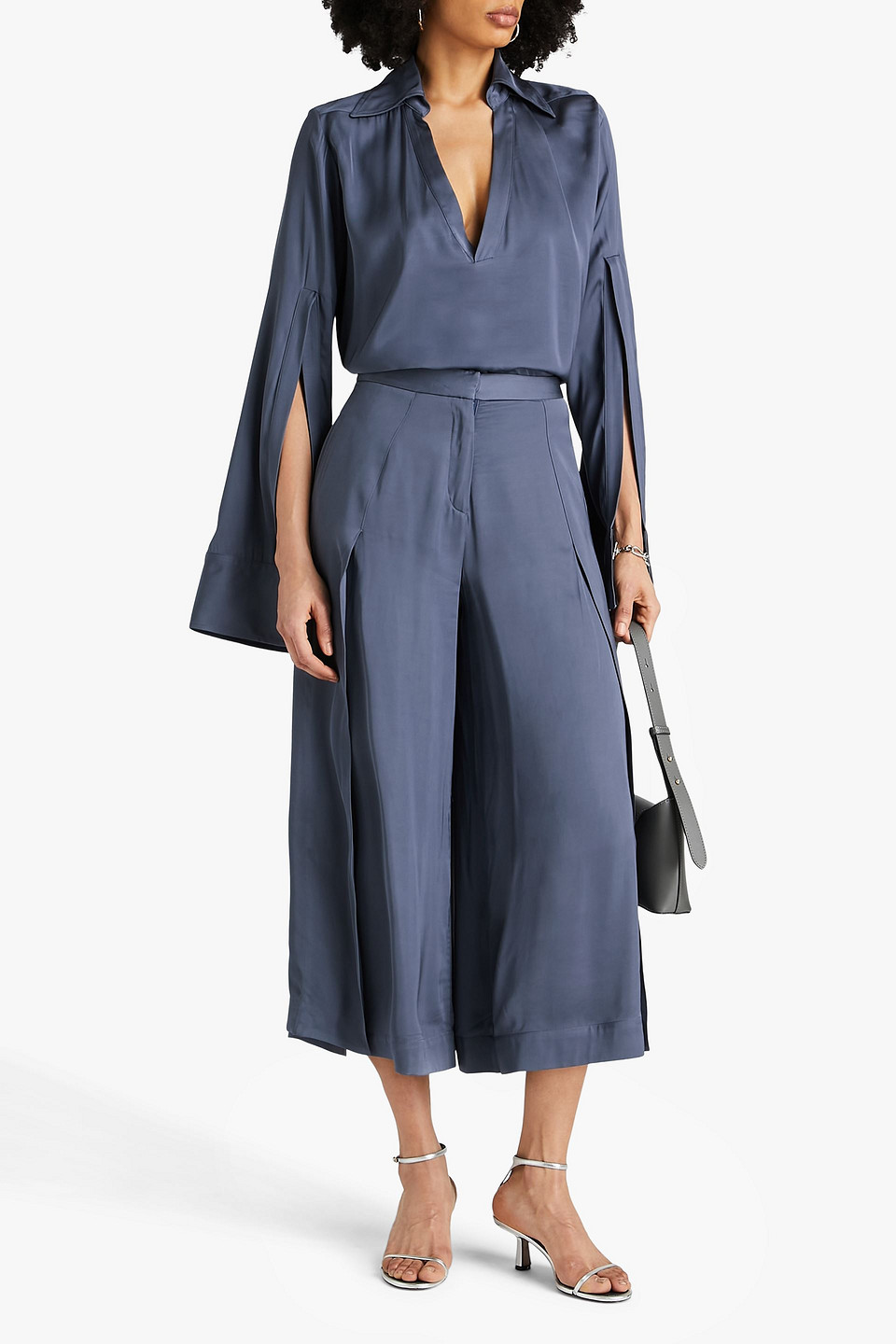 Shop Palmer Harding Pleated Satin Culottes In Storm Blue