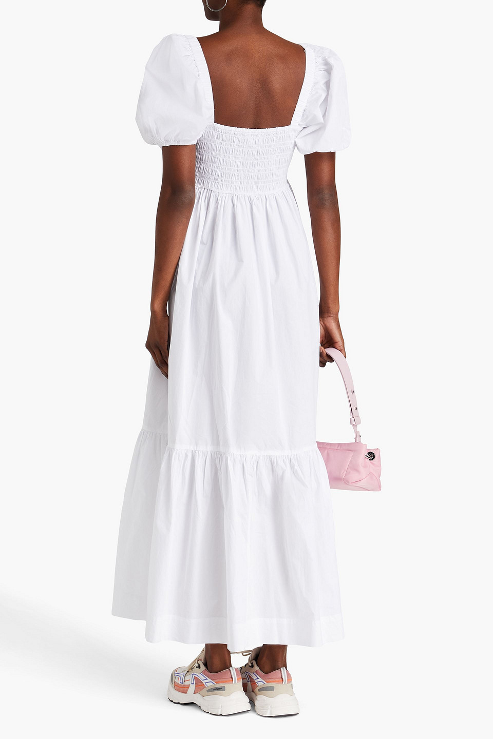 Shop Ganni Shirred Cotton-poplin Maxi Dress In White