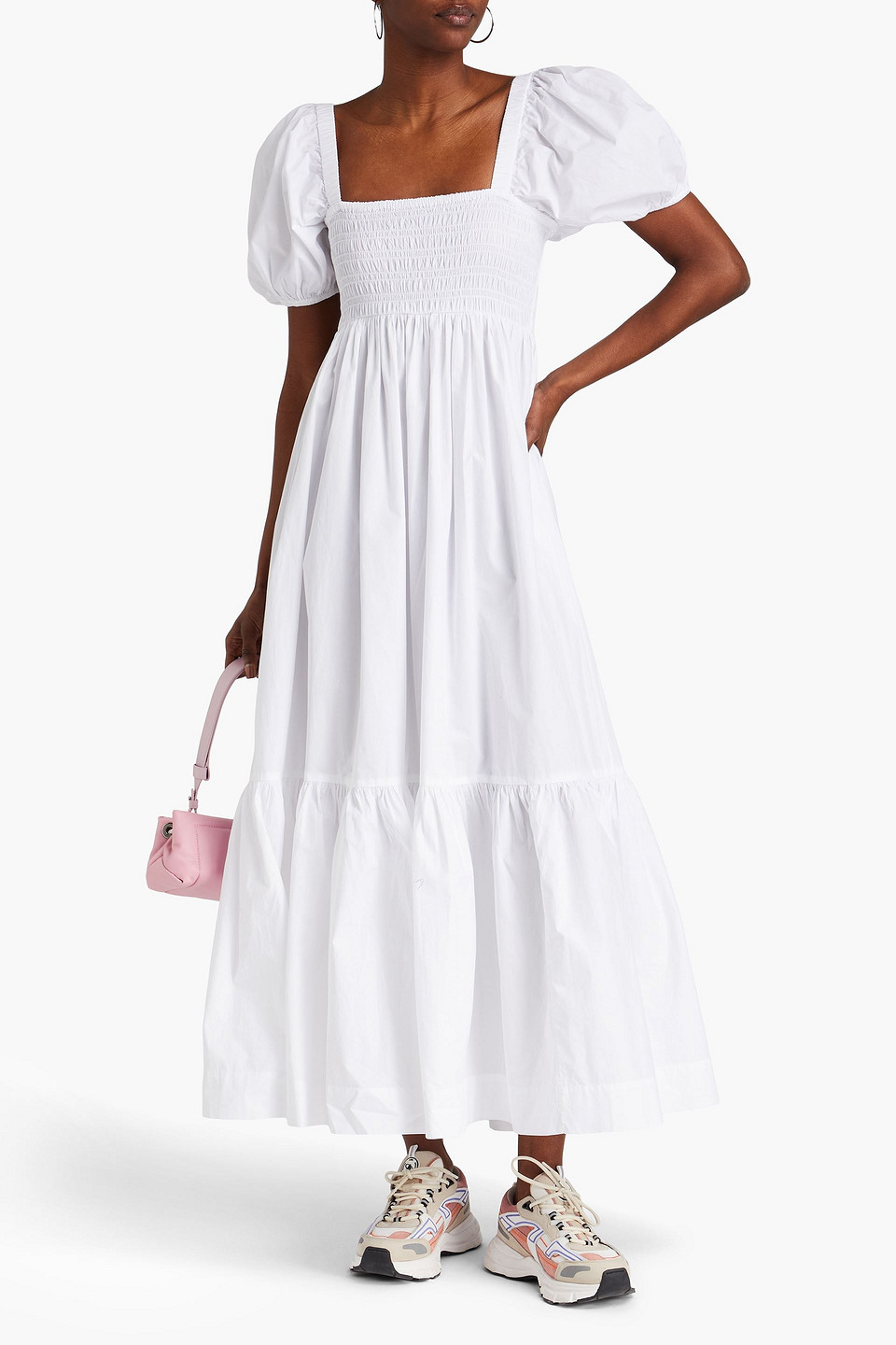 Shop Ganni Shirred Cotton-poplin Maxi Dress In White