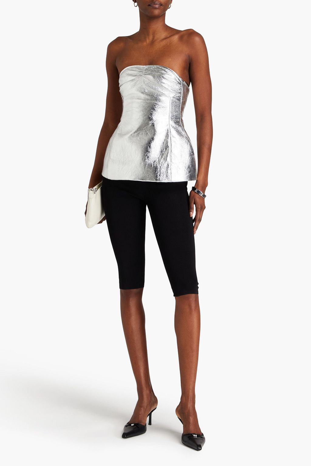 KHAITE Blanche trägerloses Bustier-Oberteil aus Metallic-Leder in Knitteroptik