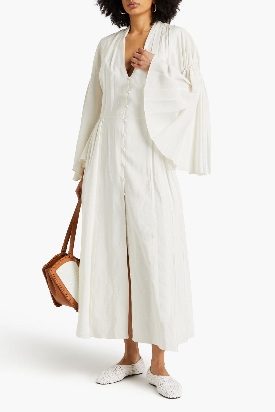 Shop Khaite Leif Gathered Twill Maxi Dress In Cream