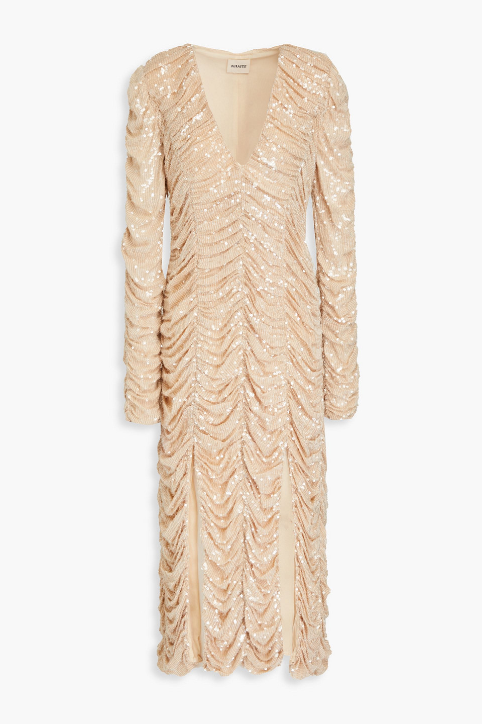 Khaite Lana Ruched Sequin Midi-dress In Nude