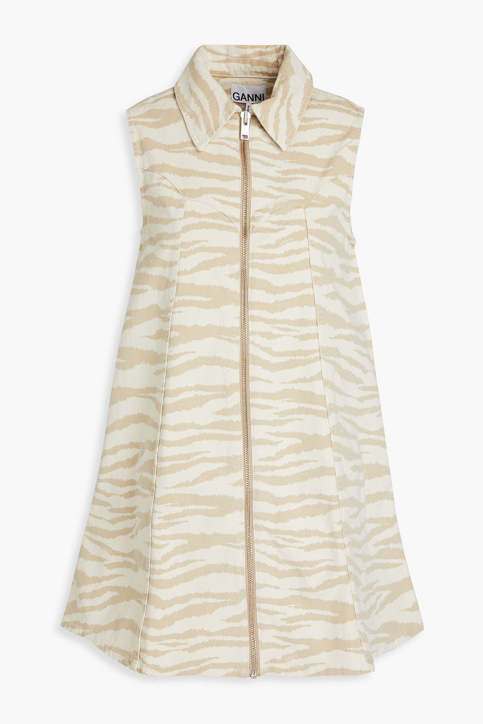 Ganni Zebra Print Denim Trapeze Shirtdress In Pale Khaki